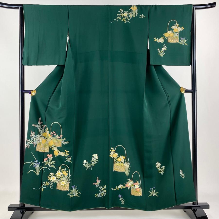 付下げ 身丈157.5cm 裄丈64.5cm M 袷 花籠 草花 金彩 緑 正絹 秀品  