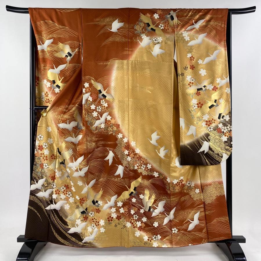 振袖 身丈161cm 裄丈65.5cm M 袷 鶴 桜 金彩 ぼかし 赤茶 正絹 美品 秀  