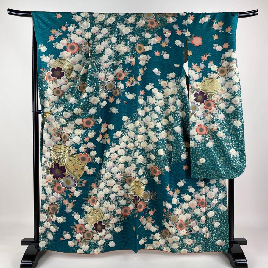 振袖 身丈163.5cm 裄丈68.5cm L 袷 糸巻き 桜 金糸 金彩 青緑 正絹 秀 