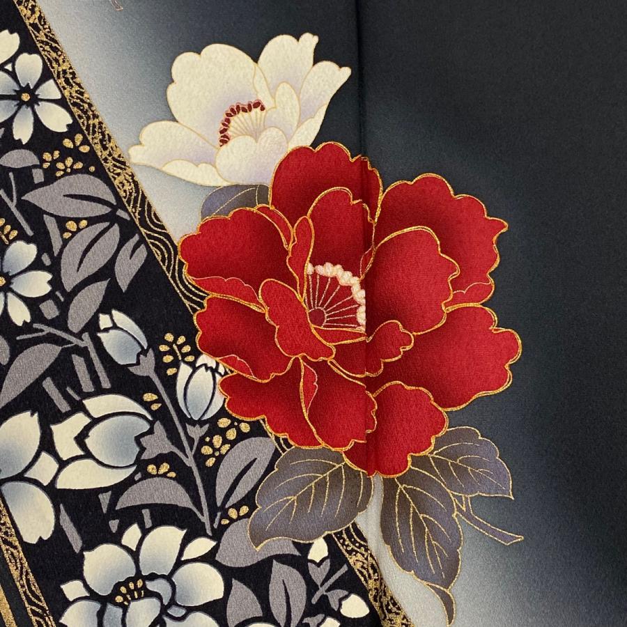 振袖 身丈153cm 裄丈65.5cm M 袷 草花 金糸 金彩 墨色 正絹 美品 秀品 