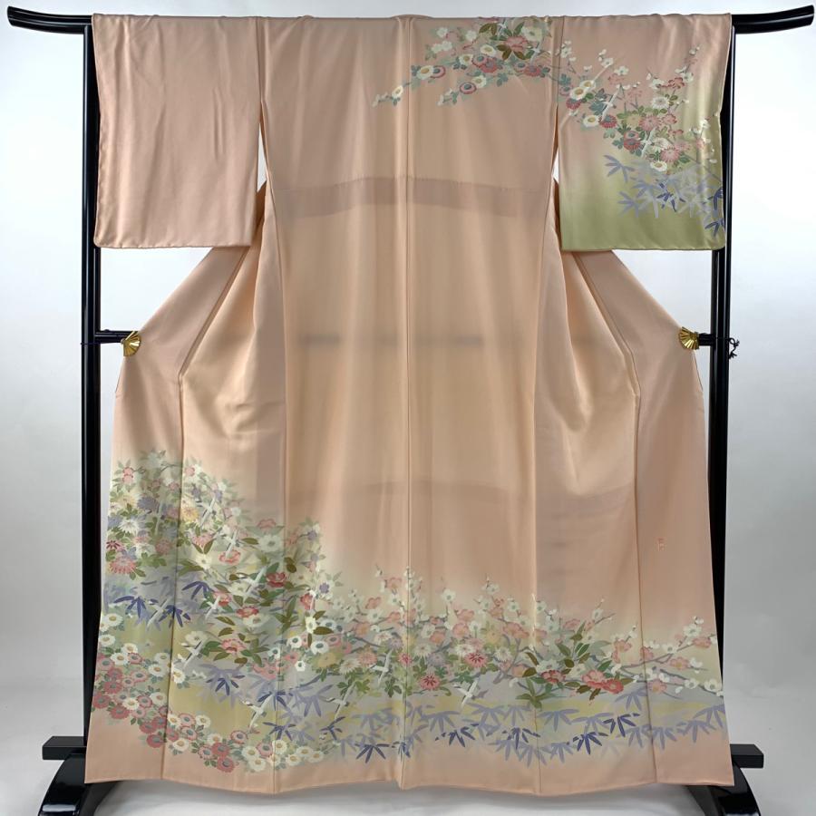 訪問着 身丈163.5cm 裄丈65cm M 袷 落款あり 花鳥 流水 サーモンピンク 