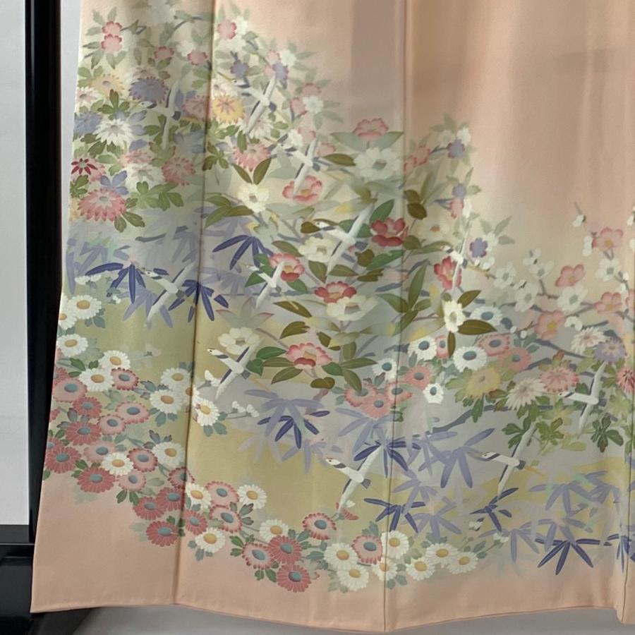 訪問着 身丈163.5cm 裄丈65cm M 袷 落款あり 花鳥 流水 サーモンピンク 