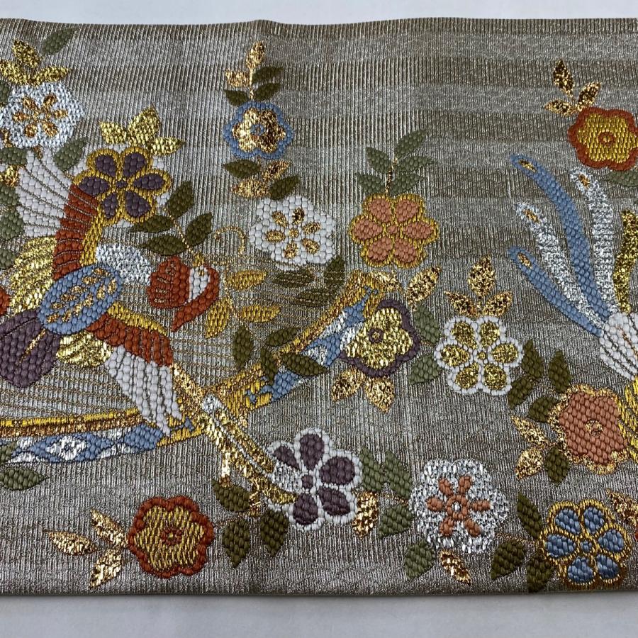 袋帯 秀品 花喰い鳥 草花 金銀糸 箔 薄茶色 六通 正絹 中古 : リユース
