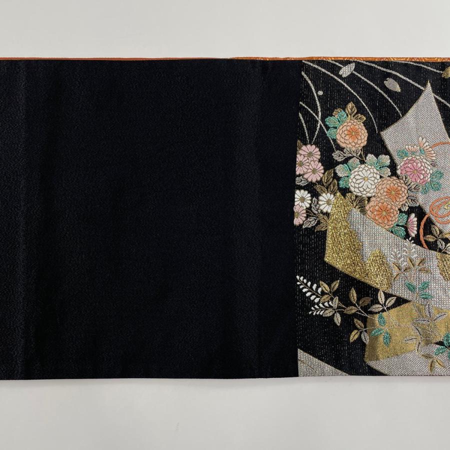 袋帯 秀品 花車 熨斗 金糸 箔 黒 六通 正絹 中古 : 1000079571288 