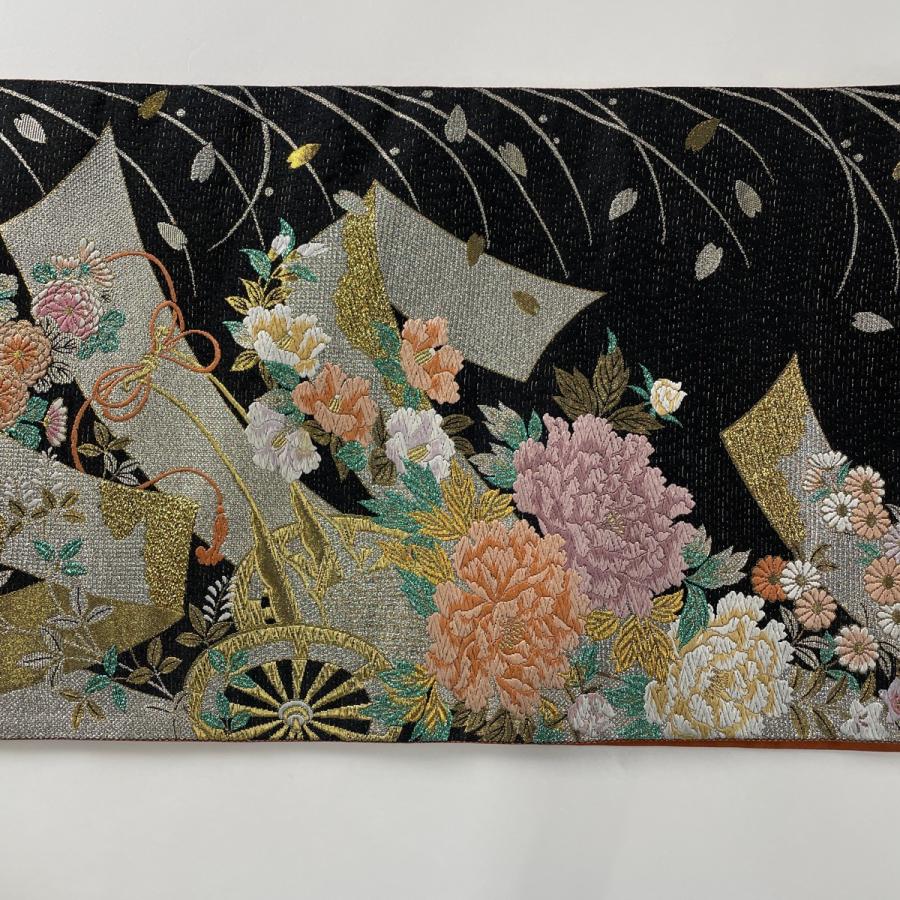 袋帯 秀品 花車 熨斗 金糸 箔 黒 六通 正絹 中古 : 1000079571288 