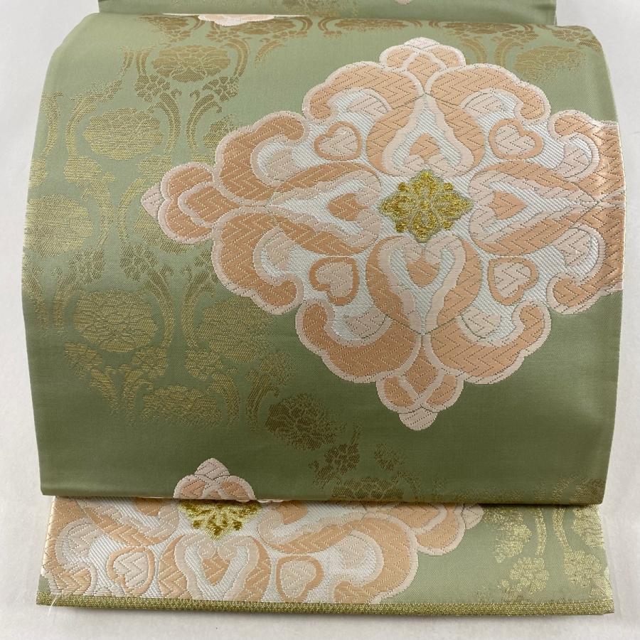袋帯 美品 名品 七宝花菱 菊唐草 金糸 灰緑 全通 正絹 【中古】（楽天  