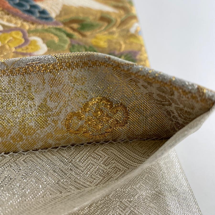 袋帯 秀品 華文 向かい鳥 金糸 箔 ベージュ 六通 正絹 中古