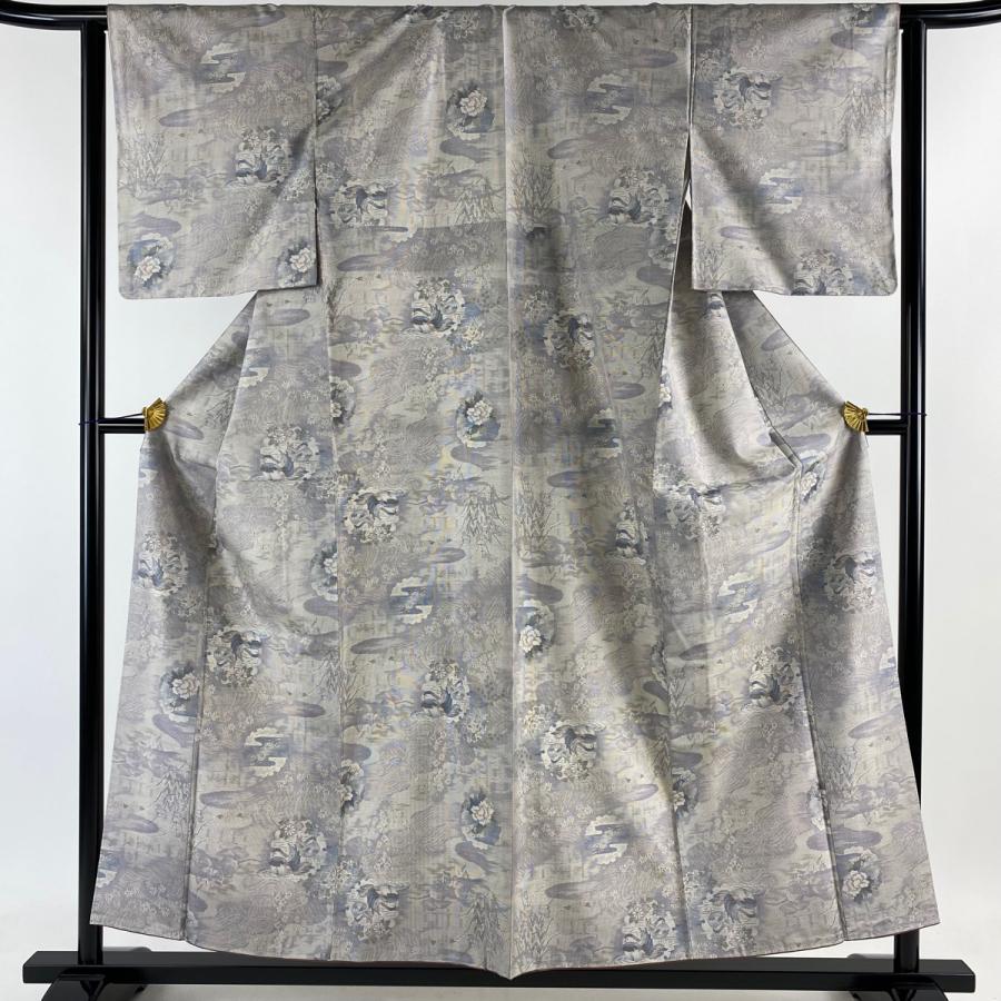 紬 身丈156cm 裄丈63cm S 袷 やまと 雪輪 花鳥 灰紫 正絹 美品 秀品  
