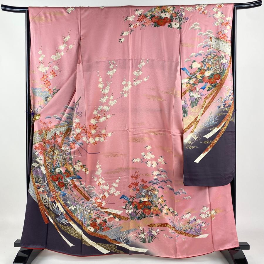 振袖 身丈161.5cm 裄丈65.5cm M 袷 草花 地紋 金彩 差し置い ぼかし 赤 