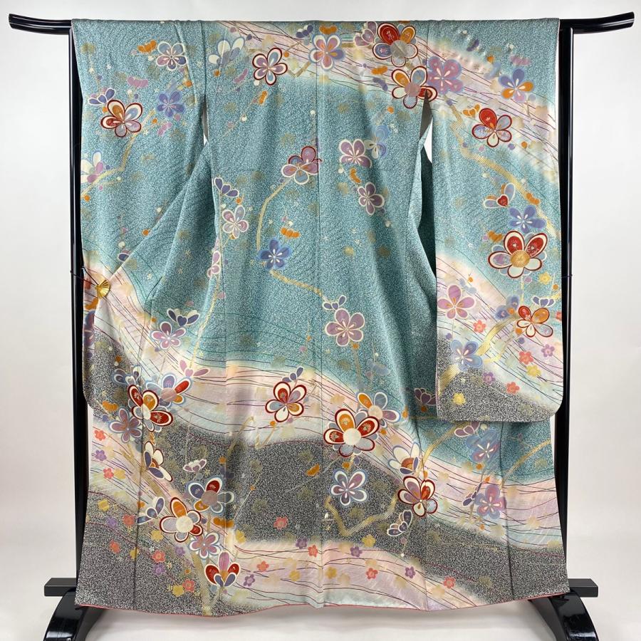 振袖 身丈161.5cm 裄丈63.5cm S 袷 枝梅 幾何学 金銀彩 ぼかし 青緑  
