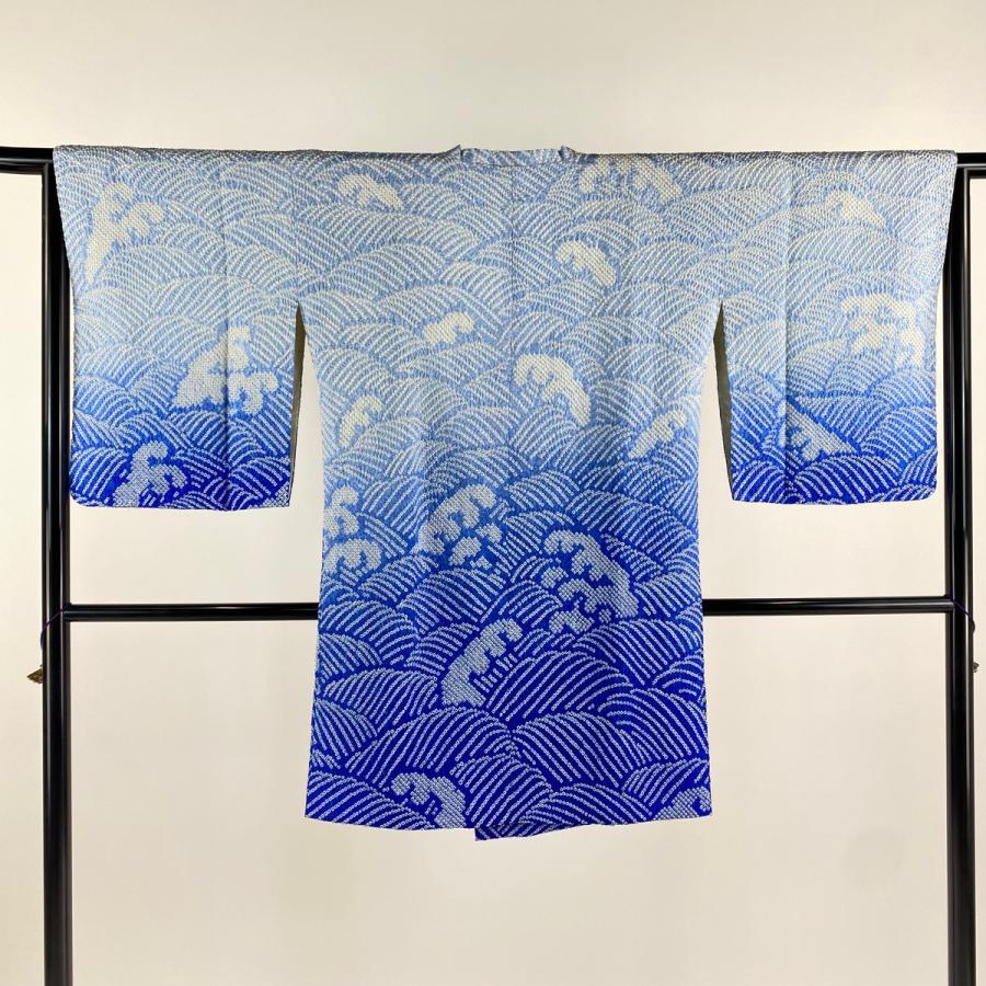 道行 身丈97.5cm 裄丈65cm M 和装コート 角衿 波 波頭 総絞り 青 正絹 