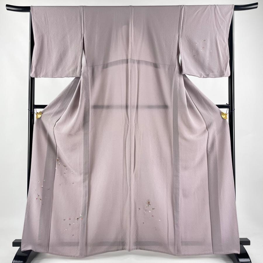 付下げ 身丈163cm 裄丈66.5cm M 単衣 草花 花束 刺繍 金糸 灰紫 正絹  