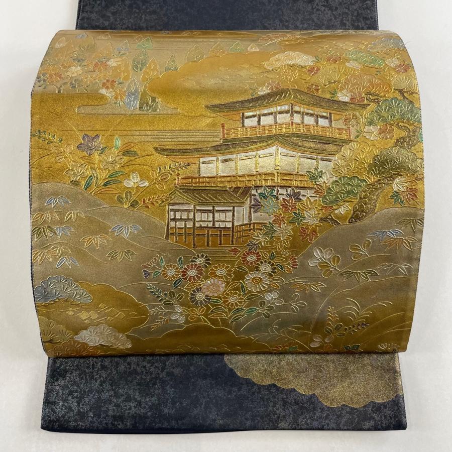 袋帯 美品 名品 金閣寺 草花 螺鈿 金銀彩 青紫 お太鼓柄 正絹 袋帯 美品 名品 金閣寺 草花 螺鈿 金銀彩 青紫 お太鼓柄 正絹