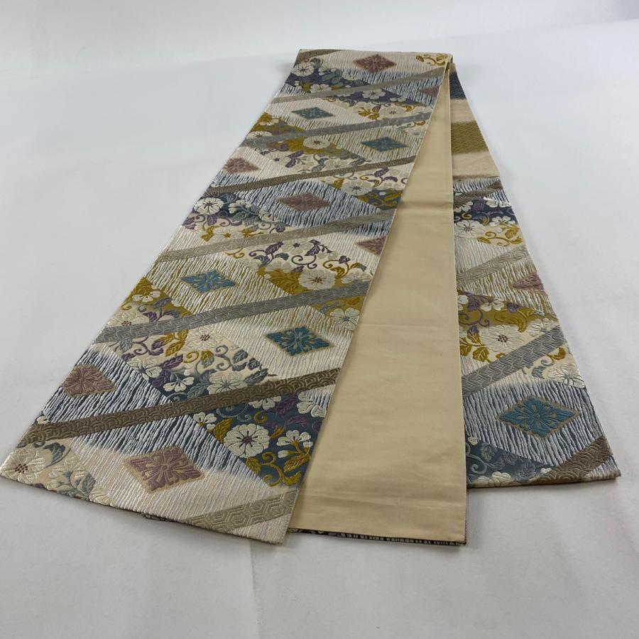 新品袋帯 名品 花菱 花唐草 箔 唐織 ベージュ 六通 正絹袋帯