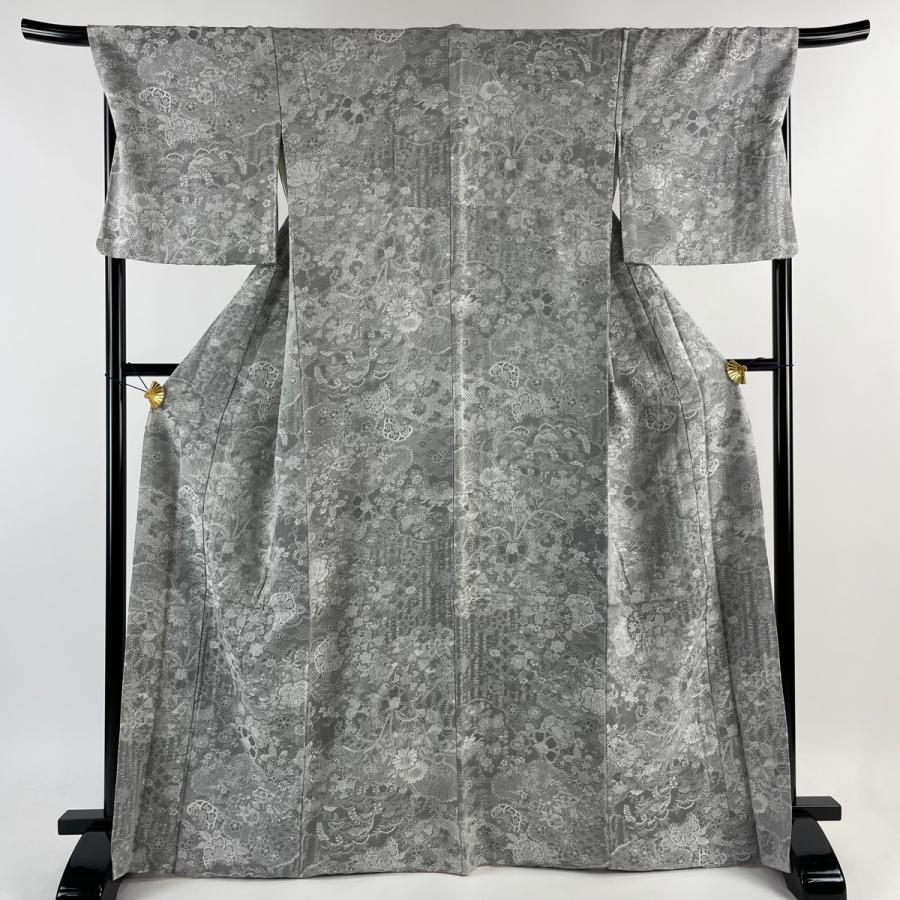 小紋 身丈167cm 裄丈69cm L 袷 山岡古都 落款あり 草花 紋意匠 灰色  