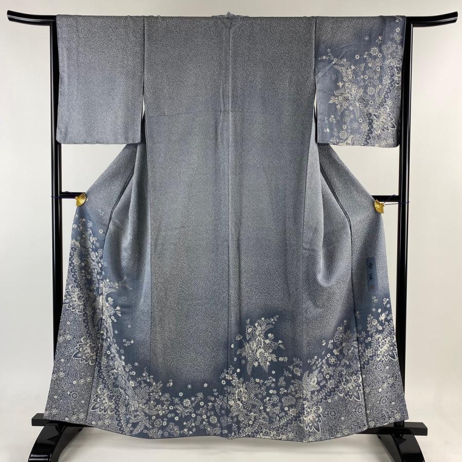 訪問着 身丈160.5cm 裄丈64cm M 袷 雪華 落款あり 草花 銀通し 刺繍 青  