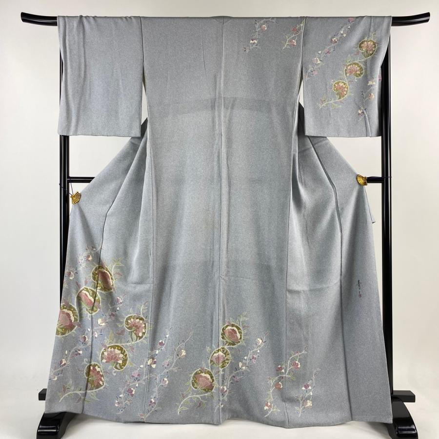 訪問着 身丈168cm 裄丈68cm L 袷 松井青々 落款あり 草花 金彩 青灰色  