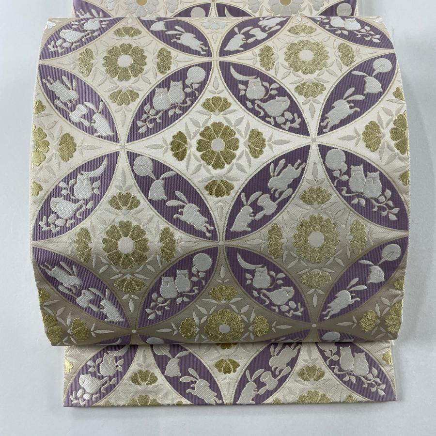 袋帯 美品 名品 七宝 うさぎ 箔 金糸 ベージュ 六通 正絹 中古