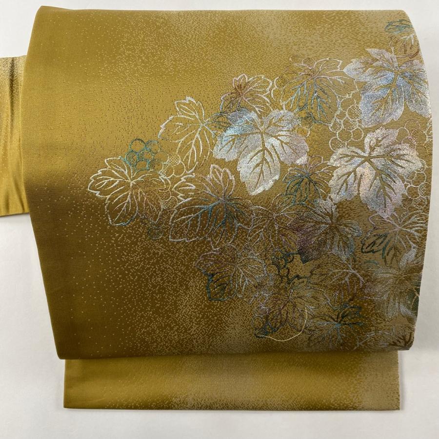 名古屋帯 美品 名品 堀省平 落款あり 葉柄 金銀彩 山吹茶色 正絹 中古 