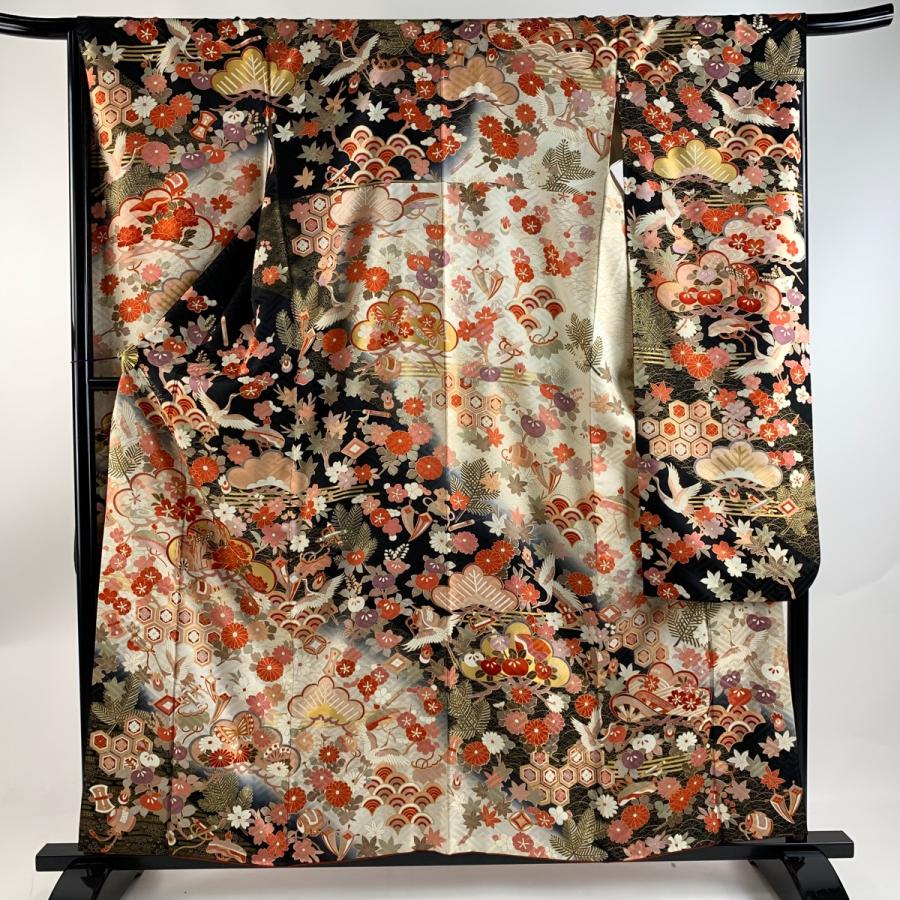 振袖 身丈158.5cm 裄丈67cm M 袷 草花 宝尽くし 金糸 金彩 黒 正絹  