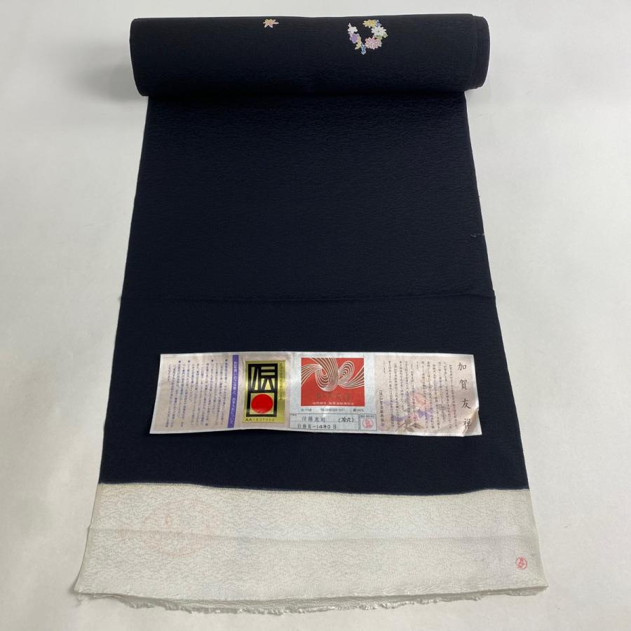 反物 逸品 付下げ 加賀友禅 佐藤克司 落款 証紙 花丸文 黒 正絹 中古