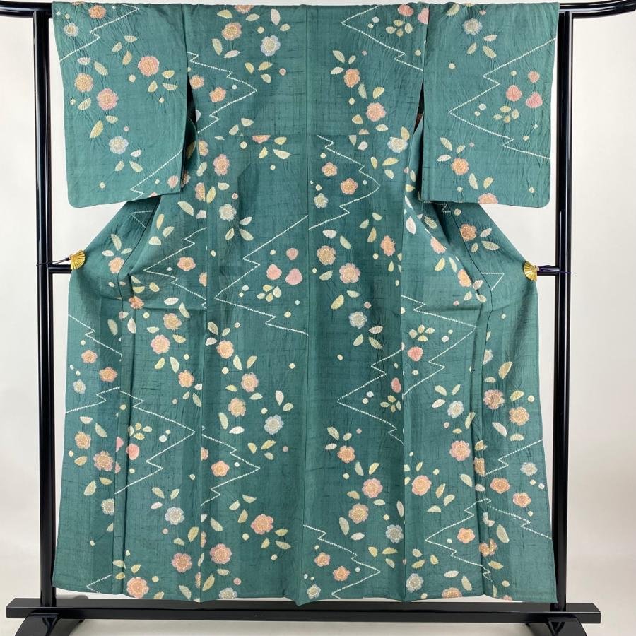 小紋 身丈155.5cm 裄丈64cm M 単衣 紬地 梅 絞り 金彩 緑 正絹 美品  