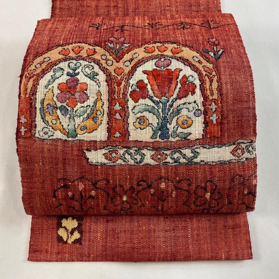 名古屋帯 美品 秀品 紬地 草花 刺繍 焦茶色 正絹 【中古】（名古屋帯 
