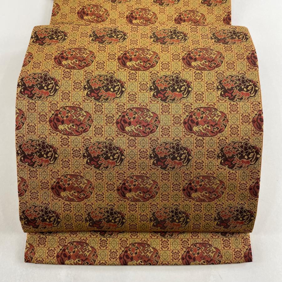 袋名古屋帯 美品 優品 動物 草花 黄土色 お太鼓柄 正絹 中古