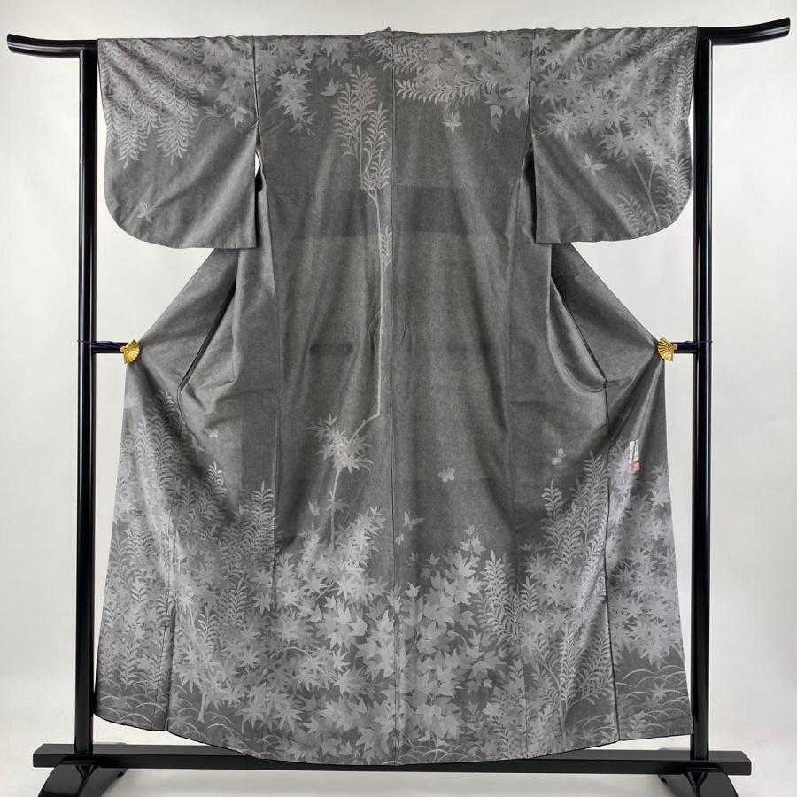 訪問着 身丈157.5cm 裄丈62.5cm S 袷 紬地 落款あり 葉柄 蝶 墨色 正絹  