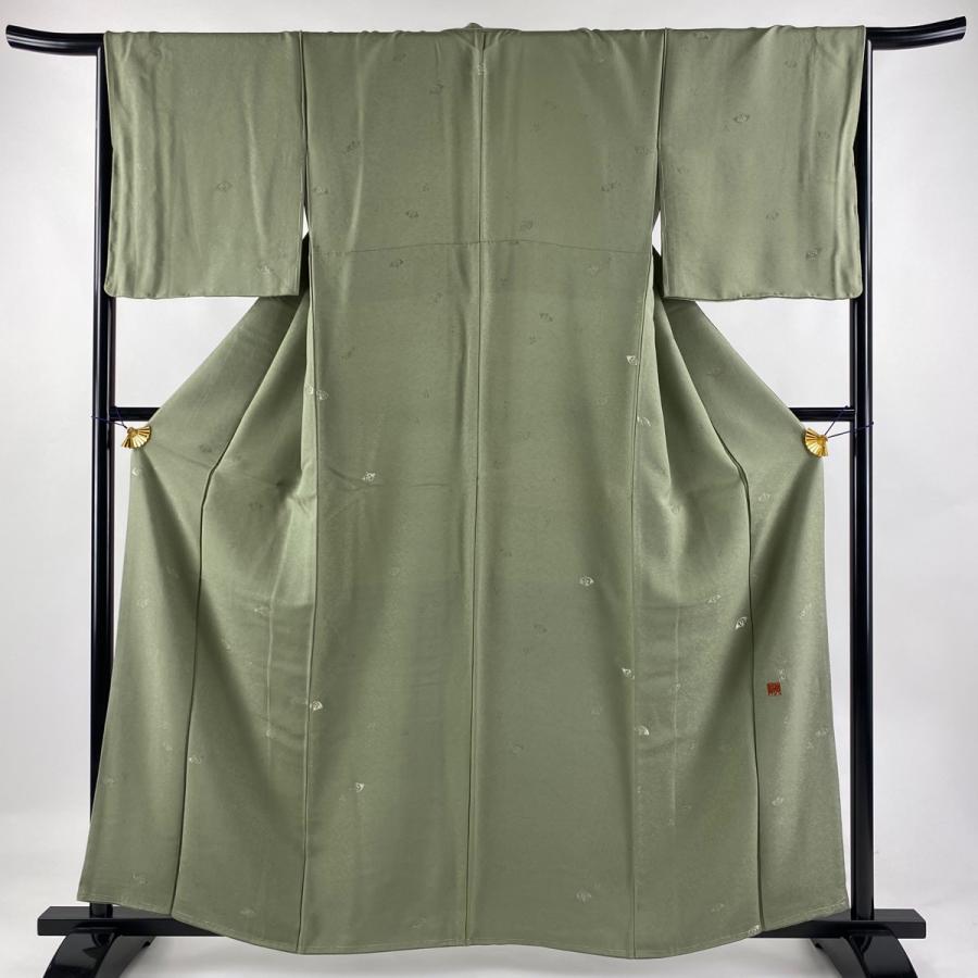 小紋 身丈160cm 裄丈66cm M 袷 藤林徳扇 落款あり 扇 地紋 金銀糸 灰緑