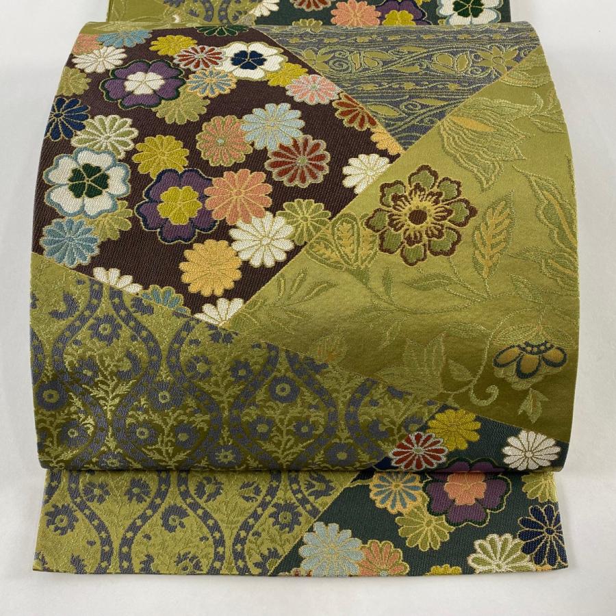 袋帯 美品 逸品 白綾苑大庭 落款あり 草花 裂取り 箔 灰緑 六通 正絹