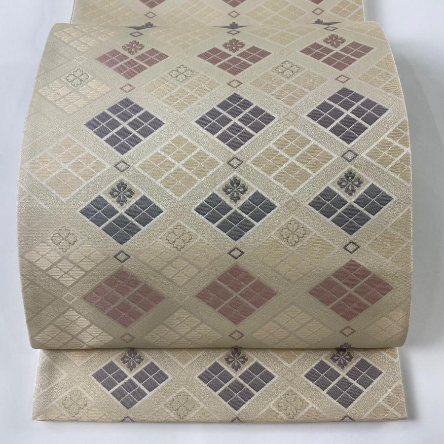袋帯 美品 逸品 証紙あり 博多織 菱 花菱 箔 ベージュ 全通 正絹 中古  