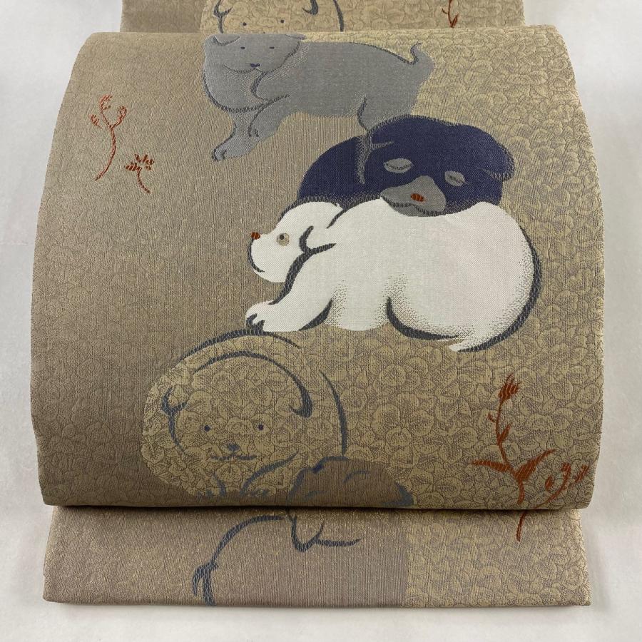 袋帯 美品 逸品 神坂雪佳画 犬 箔 薄茶色 六通 正絹 中古 袋帯 美品 逸品 神坂雪佳画 犬 箔 薄茶色 六通 正絹 中古