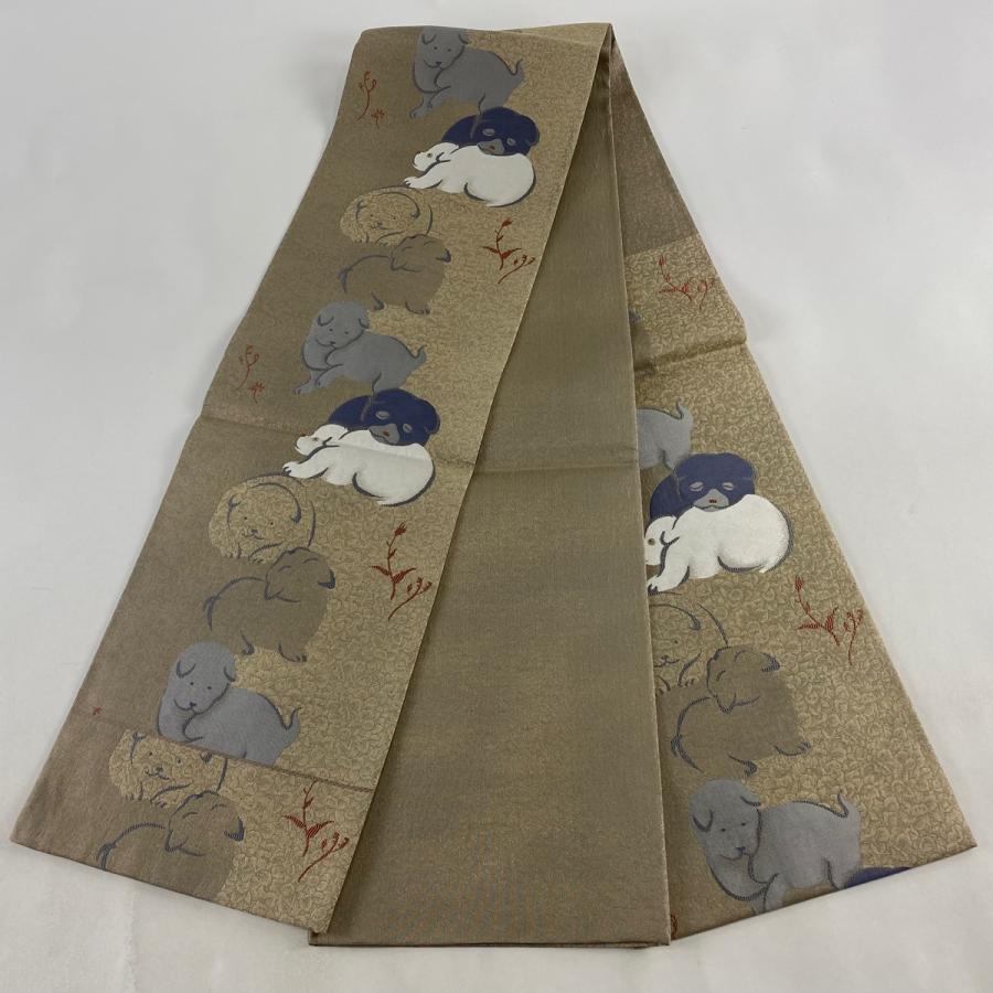 袋帯 美品 逸品 神坂雪佳画 犬 箔 薄茶色 六通 正絹 中古 袋帯 美品 逸品 神坂雪佳画 犬 箔 薄茶色 六通 正絹 中古