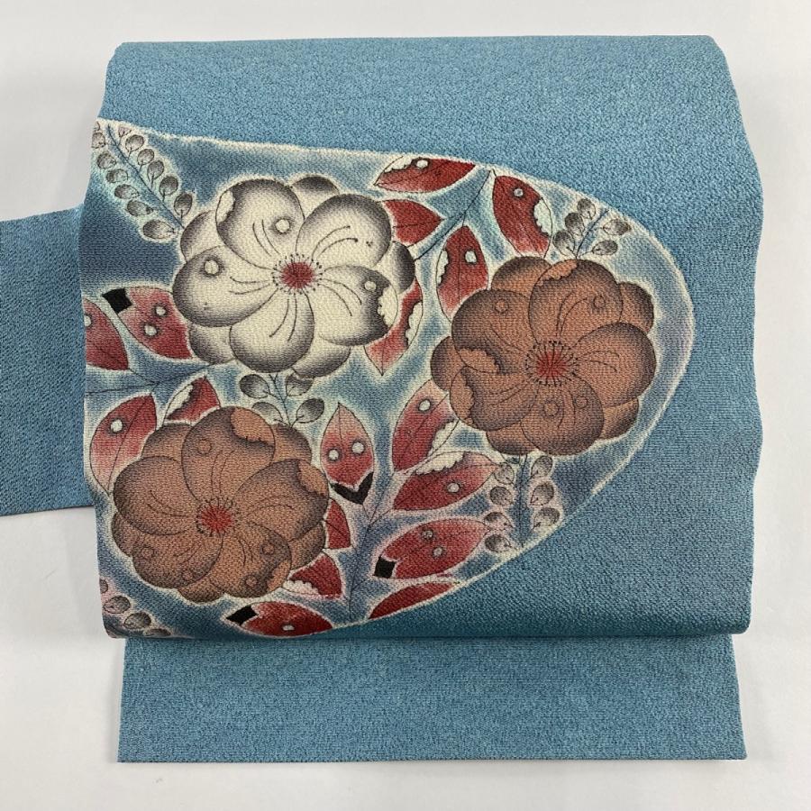 名古屋帯 美品 逸品 落款あり 水野保 辻ヶ花柄 縮緬 青灰色 正絹 中古 