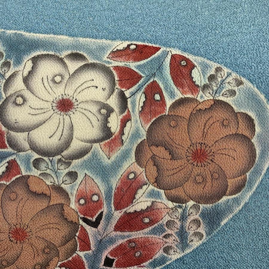 名古屋帯 美品 逸品 落款あり 水野保 辻ヶ花柄 縮緬 青灰色 正絹 中古 