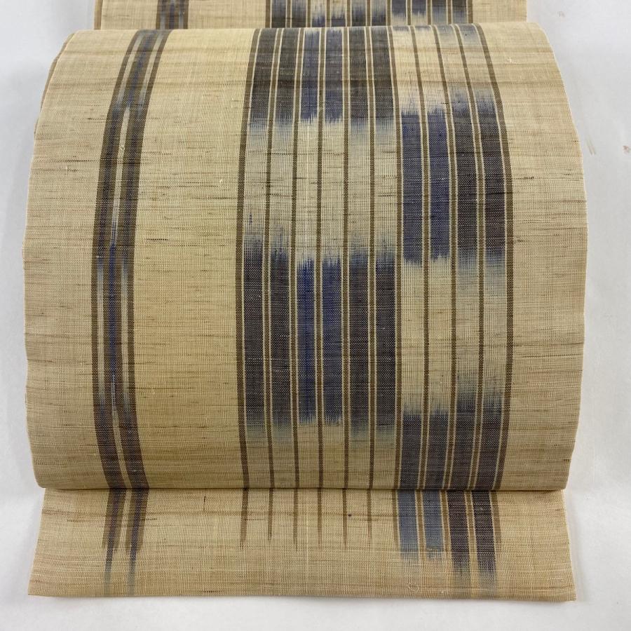 開き名古屋帯 逸品 夏帯 縞模様 変わり市松 ベージュ 麻 中古  