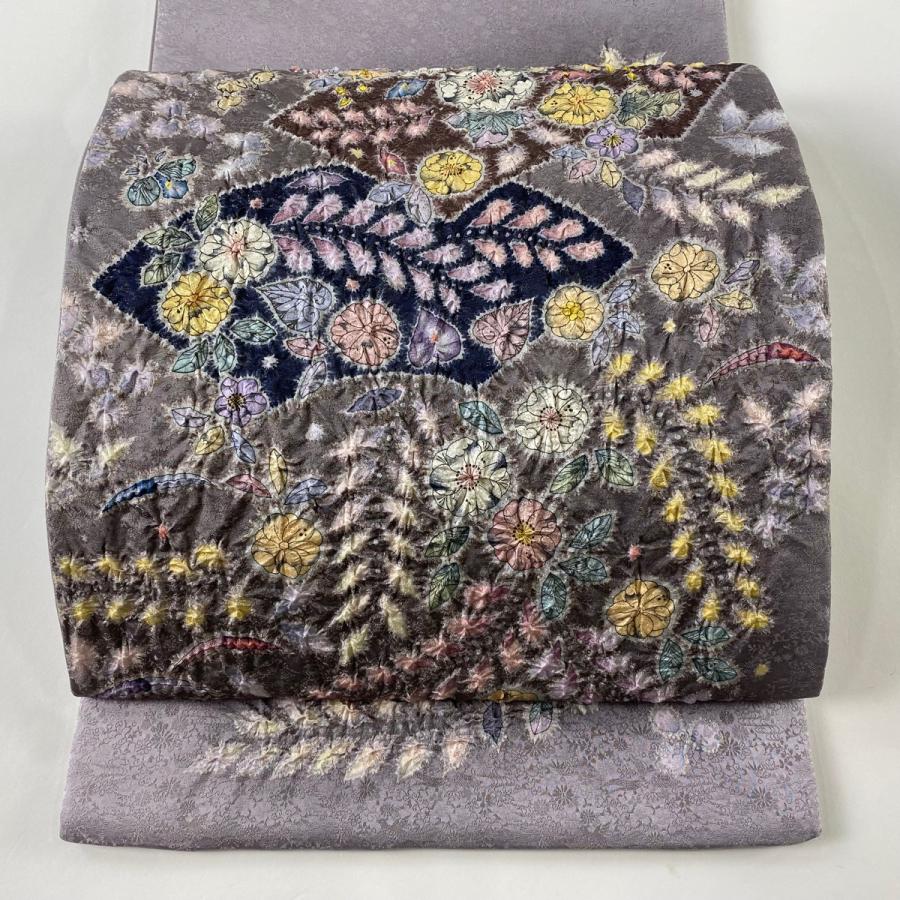 袋帯 美品 逸品 翠山工房 落款あり 扇面 辻が花 銀通し 薄紫 お太鼓柄  