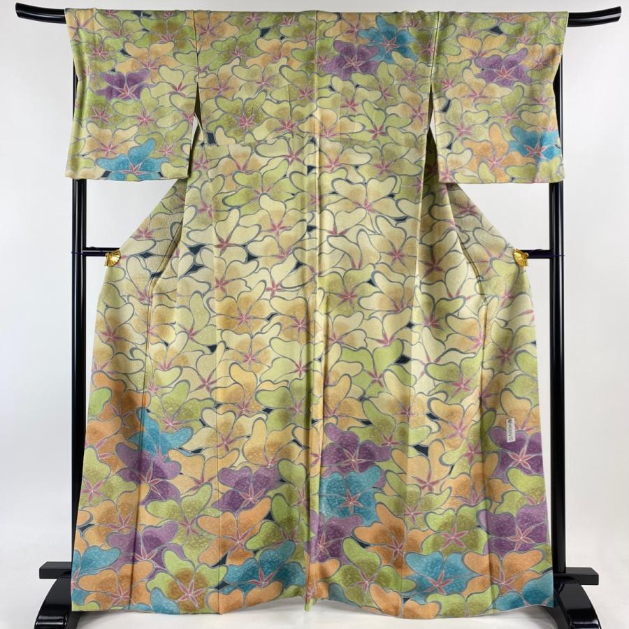 訪問着 身丈166cm 裄丈68.5cm L 袷 樋熊哲也 落款あり 花 薄緑 正絹  