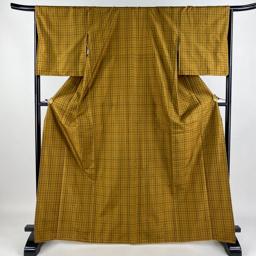 紬 身丈167cm 裄丈67cm M 袷 粋黄八丈 証紙あり 格子 山吹茶色 正絹 美  