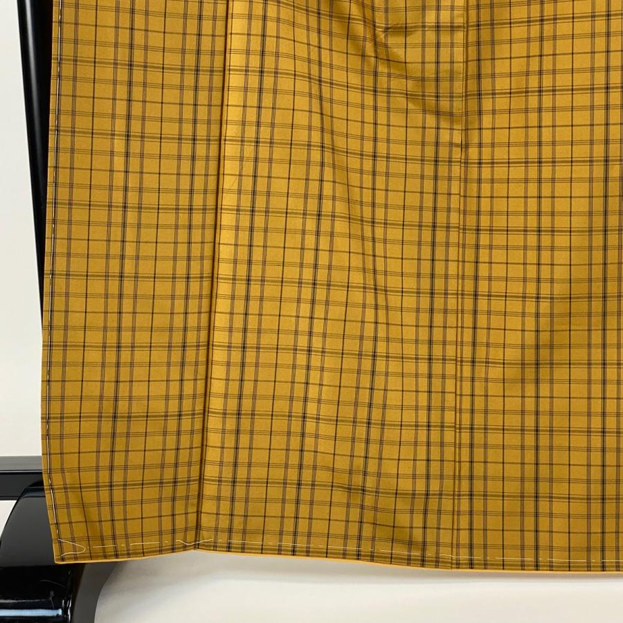 紬 身丈167cm 裄丈67cm M 袷 粋黄八丈 証紙あり 格子 山吹茶色 正絹 美