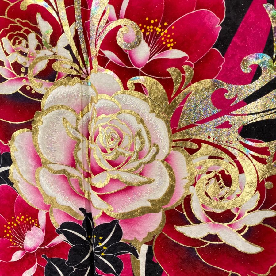 振袖 身丈159.5cm 裄丈67cm M 袷 薔薇 百合 銀通し ラメ箔 濃