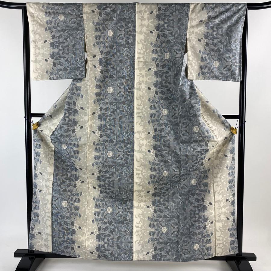 大島紬 身丈164cm 裄丈64cm M 袷 都喜ヱ門 藤白泥 証紙あり 枝花  