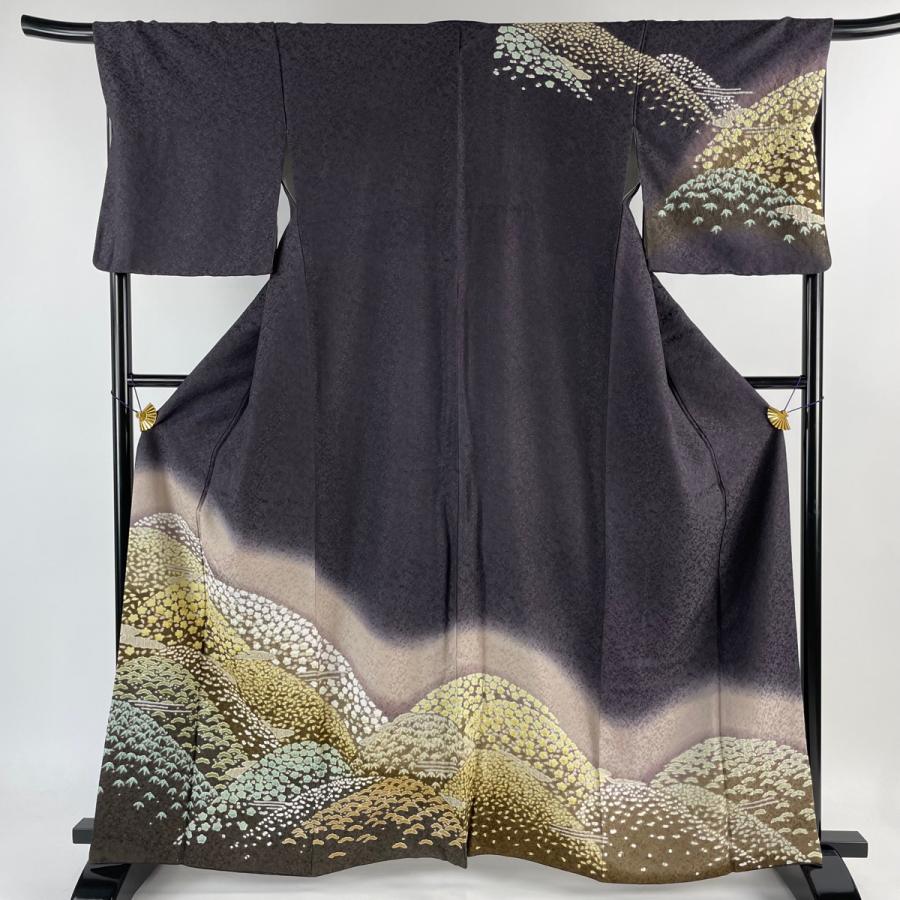 訪問着 身丈163.5cm 裄丈69.5cm L 袷 松竹梅 山並み 銀通し 絞り 濃紫  