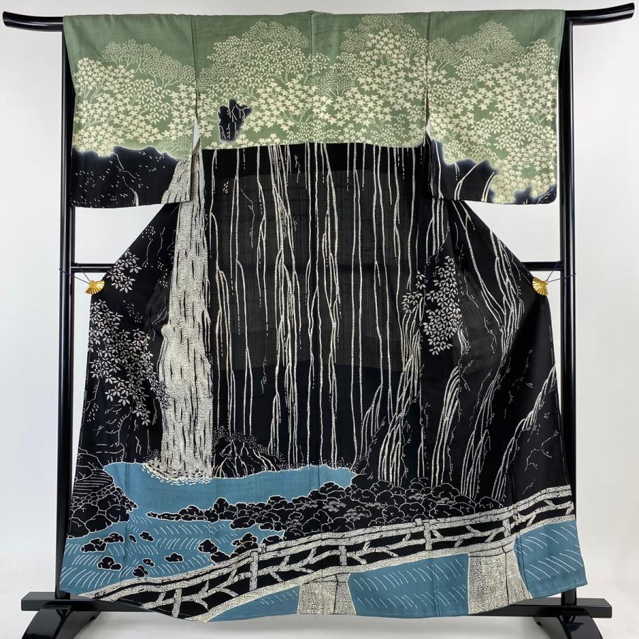 訪問着 身丈158cm 裄丈66.5cm M 袷 紬地 証紙あり 葉柄 滝 黒 正絹 美  
