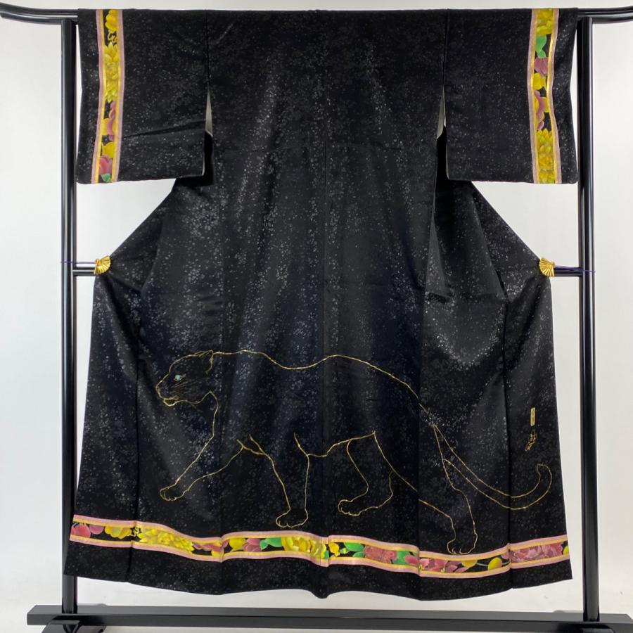 訪問着 身丈151.5cm 裄丈63cm S 袷 落款あり 黒豹 草花 銀通し 金彩 黒  