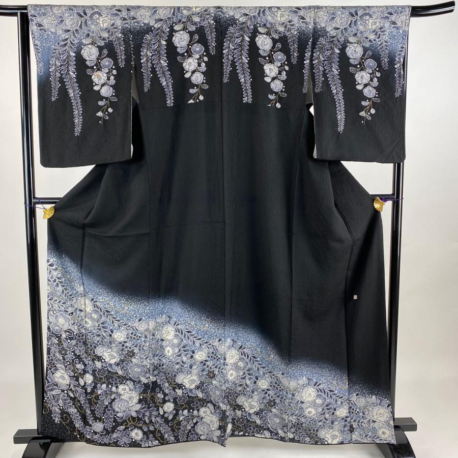 訪問着 身丈161cm 裄丈64cm M 袷 落款あり 辻が花柄 金彩 ぼかし 黒  