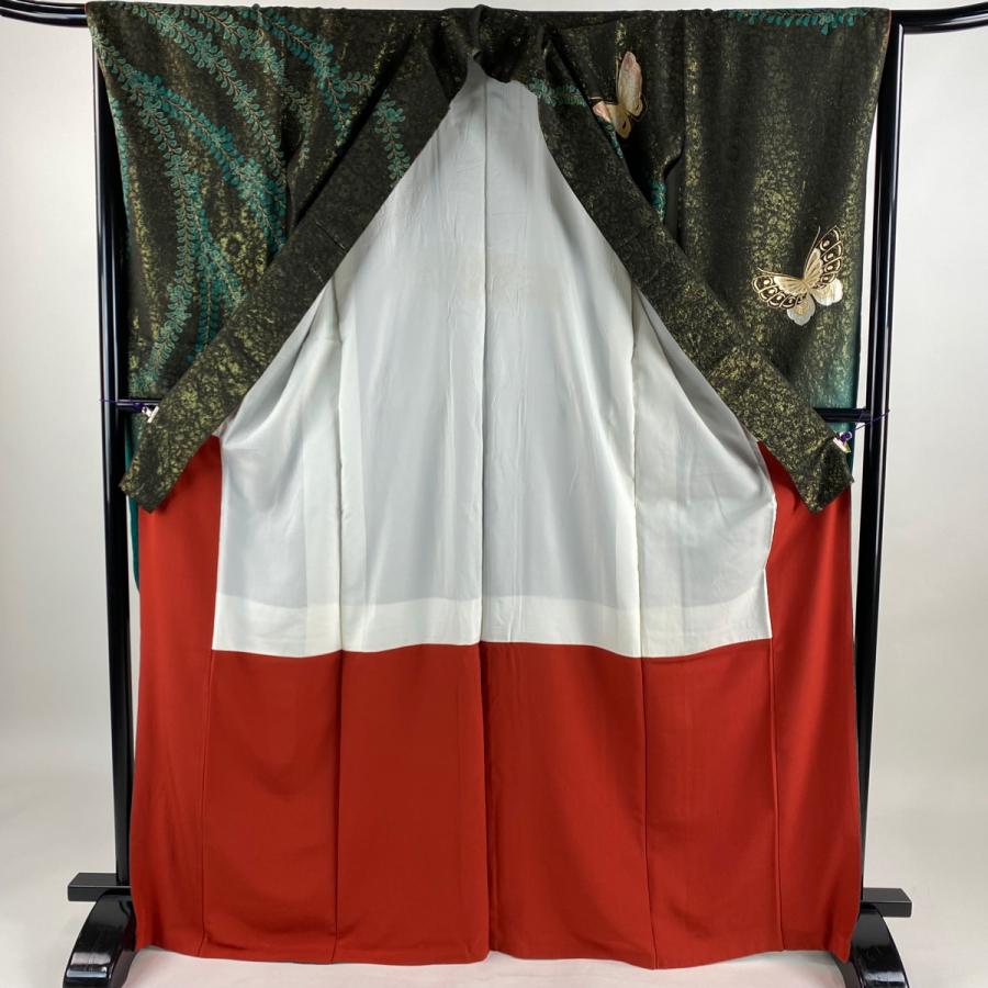 振袖フルセット 身丈169.5裄65.5 叩き染め 茶色 黒 グレー 美品 振袖 身丈169.5cm 裄丈65.5cm M 袷 蝶 藤 金通し 金銀彩 緑 正絹 名品