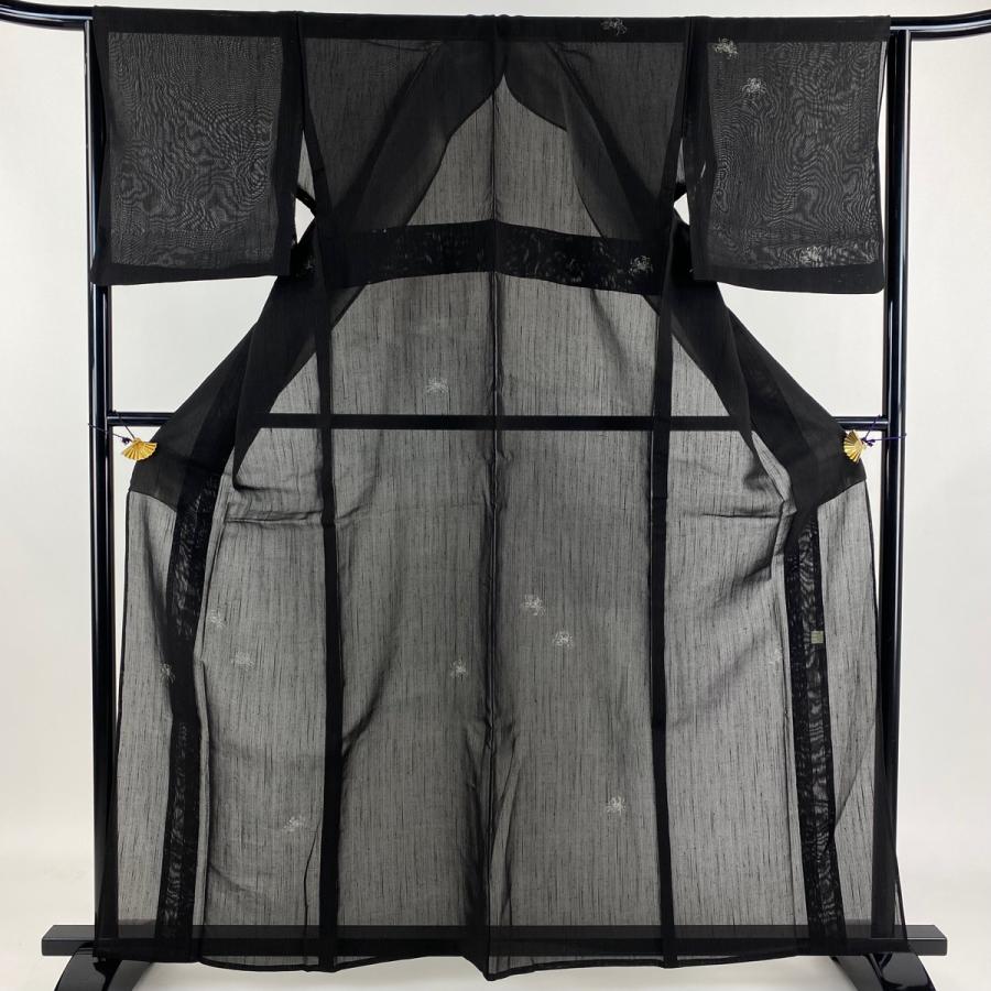 付下げ 身丈160.5cm 裄丈64cm M 薄物 奇翠 紬地 紗 落款あり 蟹 縞 黒  