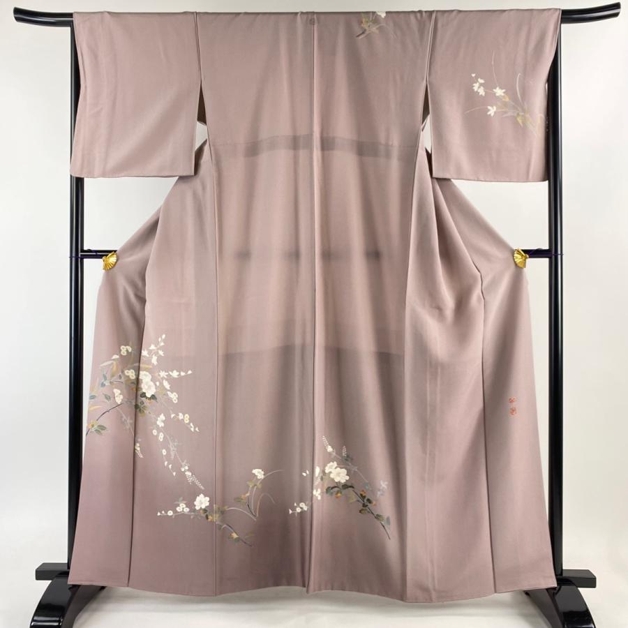訪問着 身丈161cm 裄丈67cm M 袷 百貫達雄 落款あり 枝花 ぼかし 薄紫  